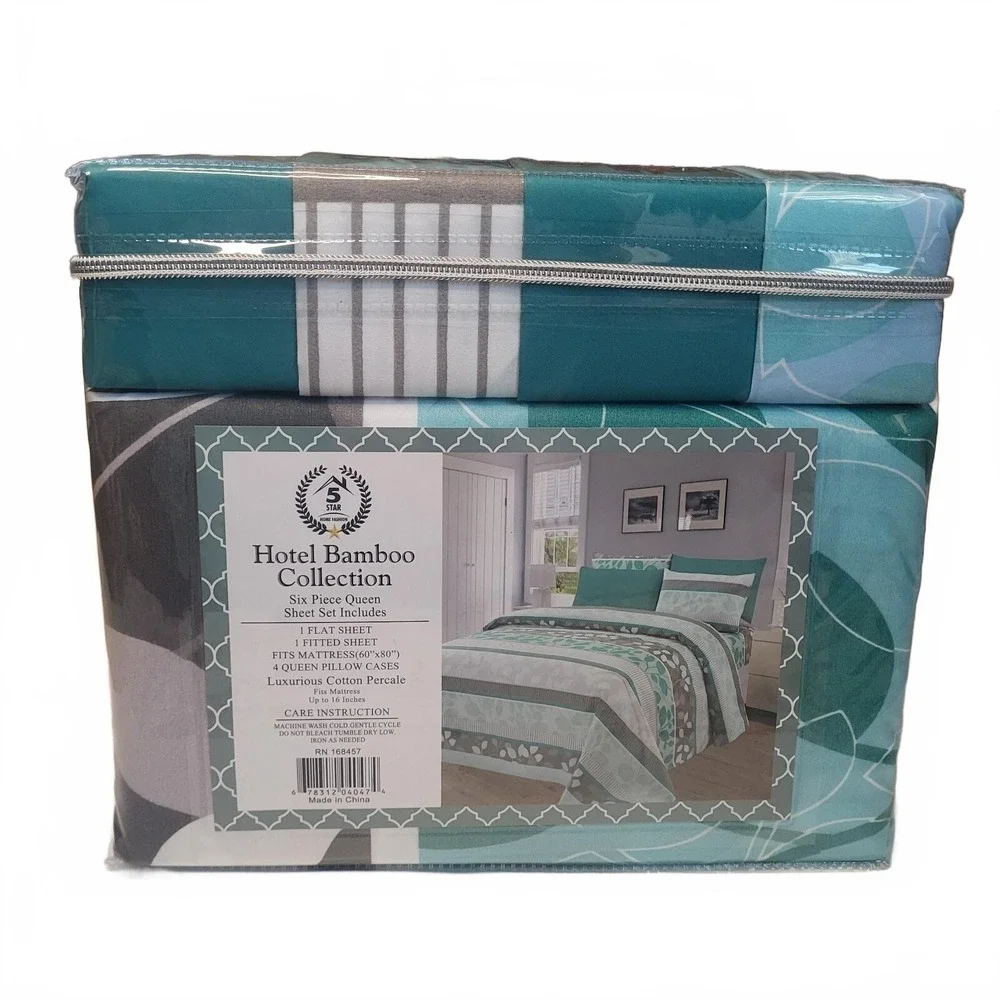 Hotel Bamboo Collection 1800 Queen Sheet Set 6 Piece Teal Grey Floral Geometric